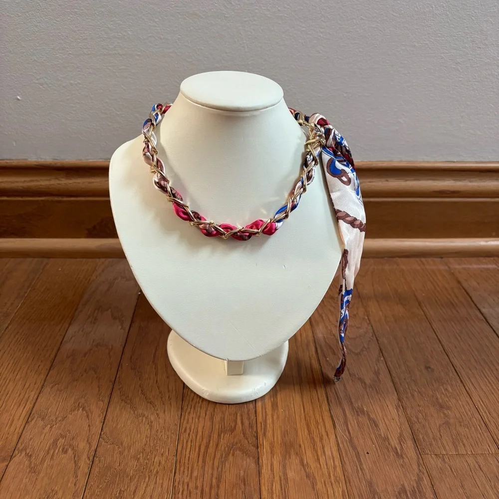 Gold Tone Chain Choker Necklace with Braided Satin Ribbon